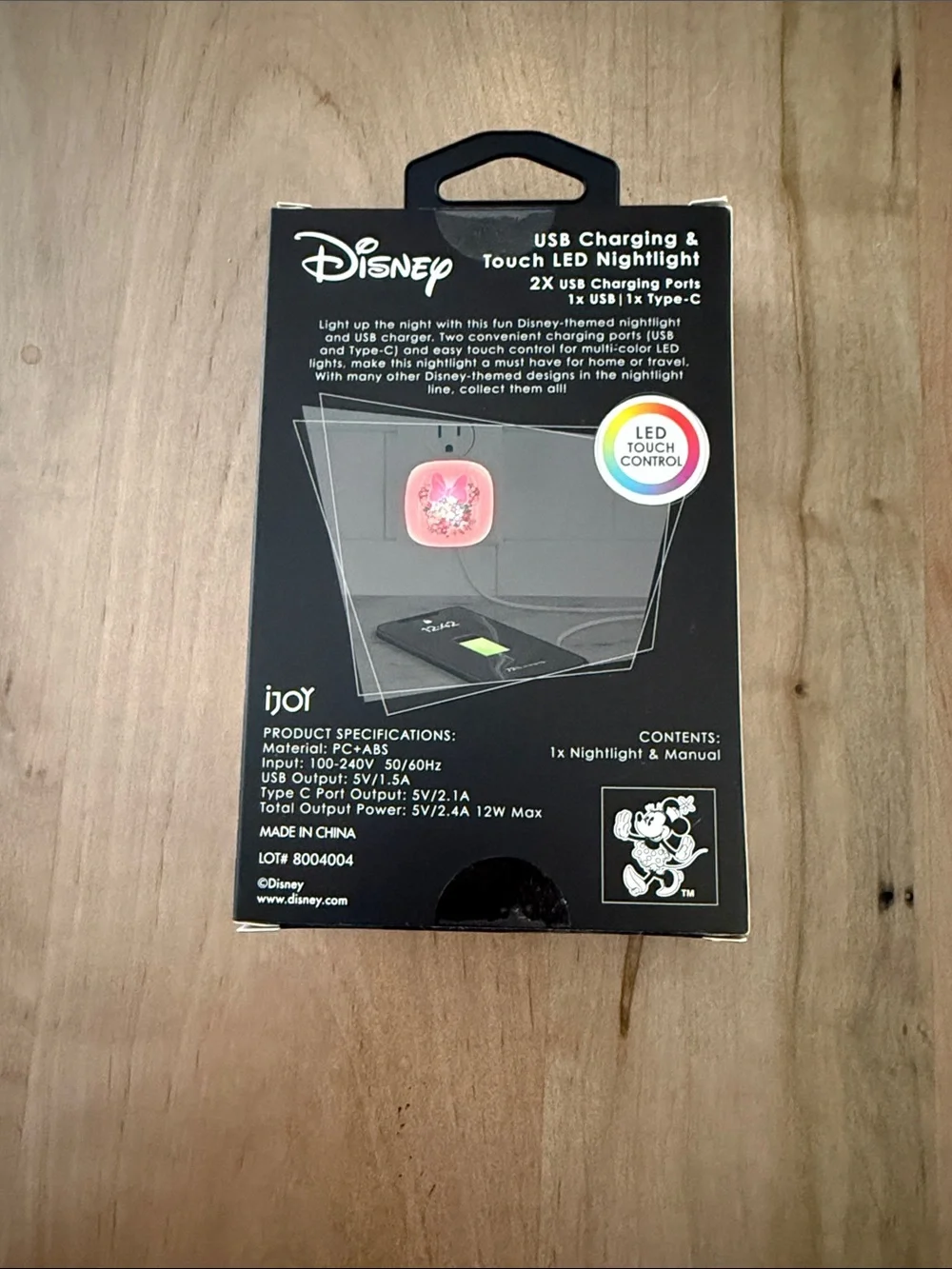 Disney USB Touch LED Nightlight Charger with Pink Bow Floral Art